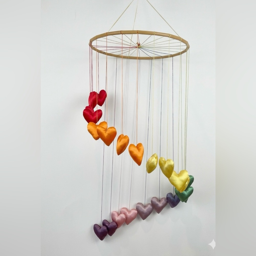 Vintage 1980s Rainbow Heart Mobile — Colorful Hanging Ceiling Mobile